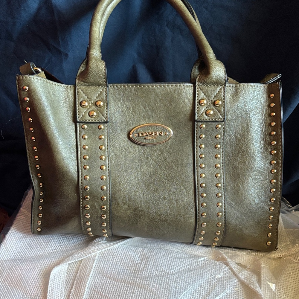 Dasein USA Vegan Leather Olive Green Studded Handbag W/ Attachable coin purse.